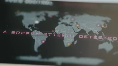 Breach Attack Detected warning message with stylized world map Stock Footage 333821312