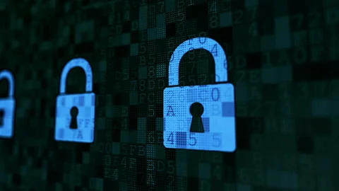 Breach in computer system security, red digital padlock with machine code wall Stock Footage 116354034