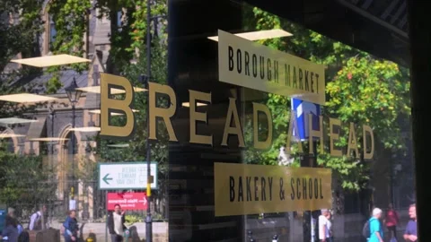 Bread Ahead Bakery and School Window Sign at Borough Market, London Stock Footage 346488527