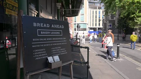 Bread Ahead Bakery Lessons Sign on Busy London Street, Daytime Stock Footage 346574112