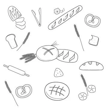 Bread and bakery doodle set. Bagel, baguette, bun, sliced bread. Stock Illustration
