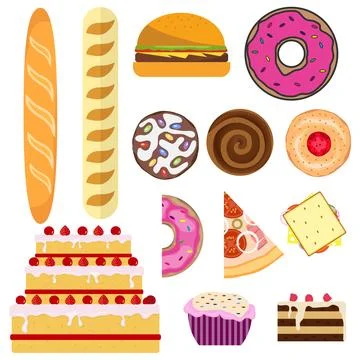 Bread and bakery products. Bread, cake, cake, donut, cookies, pizza. イラスト素材