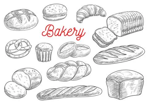Bread and bakery products vector sketch 스톡 일러스트