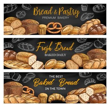 Bread and bakery shop sketch vector banners Stock Illustration