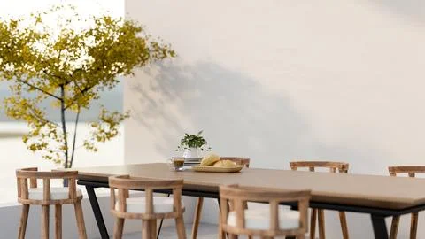 Bread and coffee aside potted plant on wooden table with chairs in dining a.. Stock Illustration