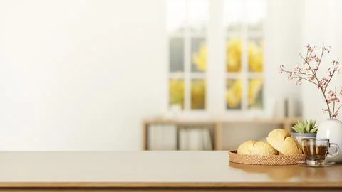 Bread and coffee cup aside flower vase on wooden counter table across windo.. Stock Illustration
