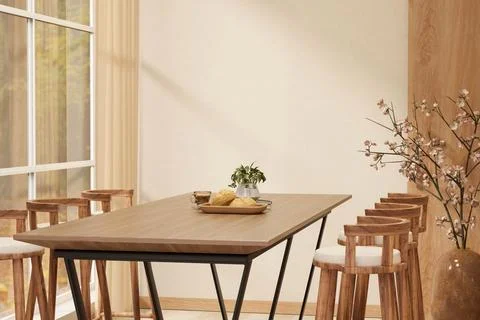 Bread and coffee on wooden dining table and stool chairs with sunlight thro.. Stock Illustration