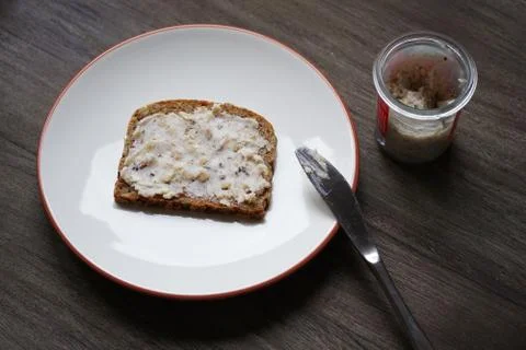 Bread and dripping or crackling fat or lard with greaves called Schmalzbrot in Stock Photos