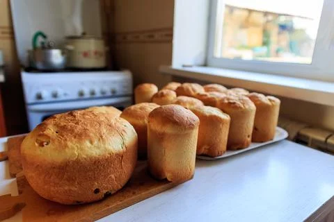 Bread and easter baked at home are on the table. Stock Photos