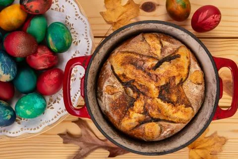 Bread and Easter Eggs Stock Photos