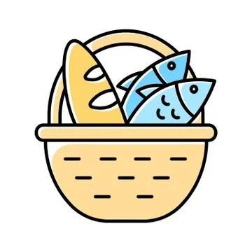 Bread and fish in basket yellow color icon. Feeding the multitude. Holy week. Stock Illustration