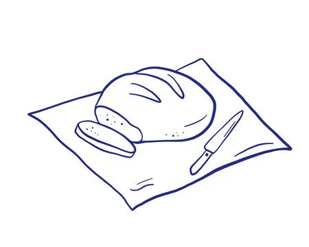Bread and knife on blanket or napkin at picnic, outline drawing, whimsical ba Stock Illustration