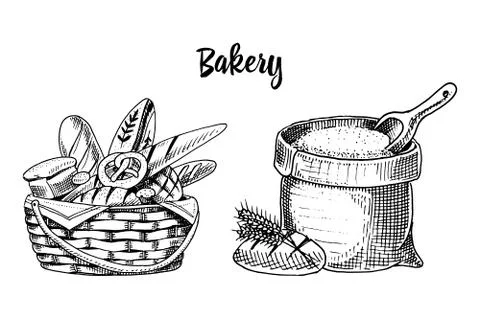 Bread and long loaf and pastry. engraved hand drawn in old sketch and vintage Stock Illustration