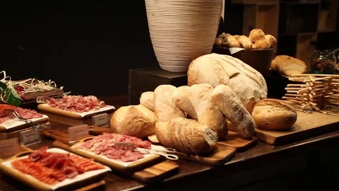 Bread and meat artisan display Stock Footage 77583640