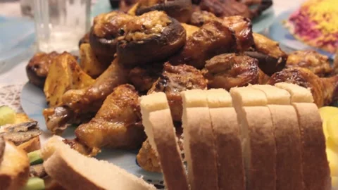 Bread and meat on table Stock Footage 147029298