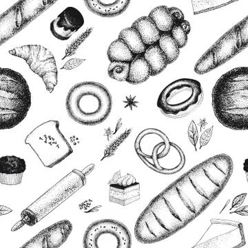 Bread and pastries seamless pattern. Bakery background. Hand drawn illustration イラスト素材