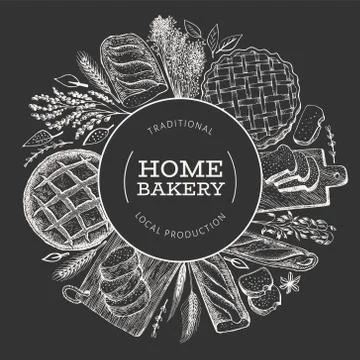 Bread and pastry banner. Vector bakery hand drawn illustration on chalk board Stock Illustration
