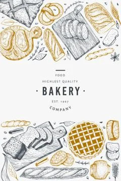 Bread and pastry banner. Vector bakery hand drawn illustration. Vintage desig Illustrazione stock