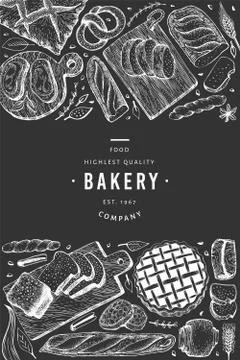 Bread and pastry banner. Vector bakery hand drawn illustration on chalk board Stock Illustration