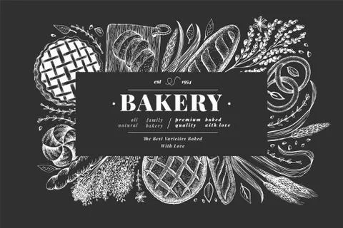 Bread and pastry banner. Vector bakery hand drawn illustration on chalk board Stock Illustration