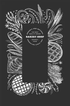 Bread and pastry banner. Vector bakery hand drawn illustration on chalk board Stock Illustration