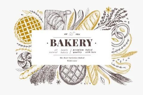 Bread and pastry banner. Vector bakery hand drawn illustration. Vintage desig Stock Illustration