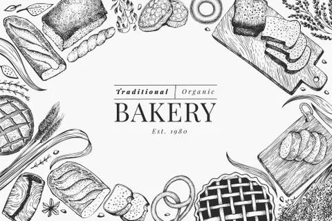 Bread and pastry banner. Vector bakery hand drawn illustration. Vintage desig Stock Illustration