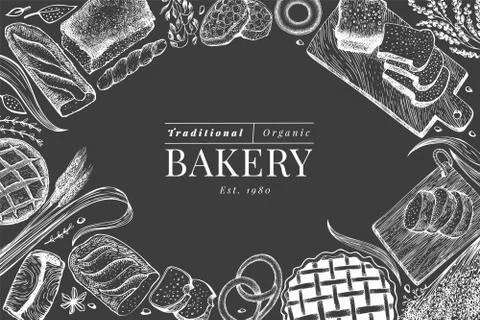 Bread and pastry banner. Vector bakery hand drawn illustration on chalk board Stock Illustration