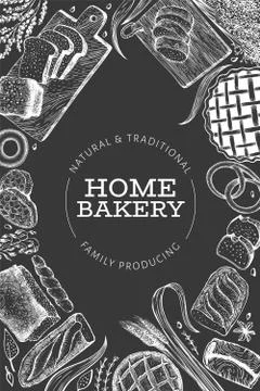 Bread and pastry banner. Vector bakery hand drawn illustration on chalk board Illustrazione stock