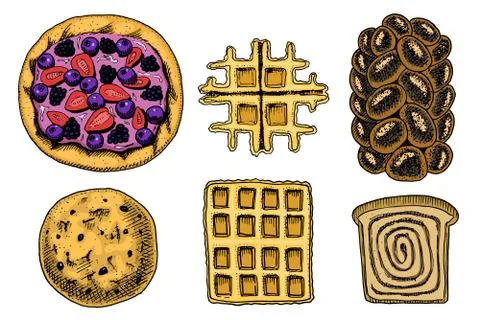 Bread and pastry donut, Belgian waffles and fruit pie. cupcake and sweet bun or Stock Illustration