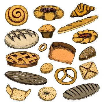 Bread and pastry donut Belgian waffles and fruit pie. sweet bun or croissant Stock Illustration