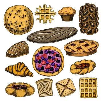 Bread and pastry donut Belgian waffles and fruit pie. sweet bun or croissant Stock Illustration