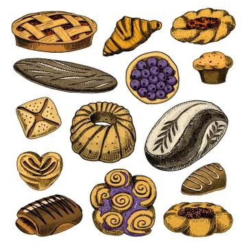 Bread and pastry donut Belgian waffles and fruit pie. sweet bun or croissant Stock Illustration