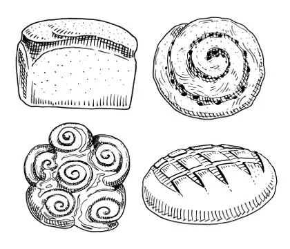 Bread and pastry donut, long loaf. sweet bun. engraved hand drawn in old sketch Stock Illustration