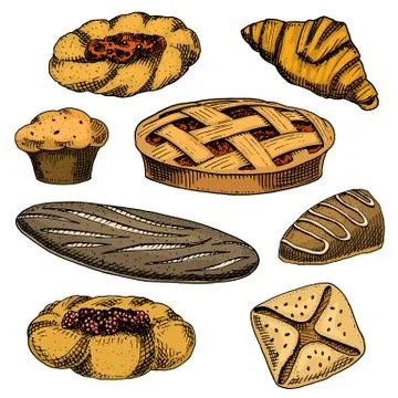 Bread and pastry donut, long loaf and fruit pie. cupcake and sweet bun or Stock Illustration