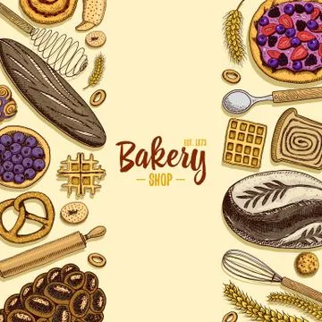 Bread and pastry donut long loaf and fruit pie. sweet bun or croissant, muffin Stock Illustration