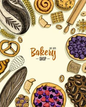 Bread and pastry donut long loaf and fruit pie. sweet bun or croissant, muffin Stock Illustration