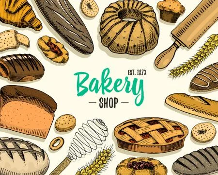 Bread and pastry donut long loaf and fruit pie. sweet bun or croissant, muffin Illustrazione stock