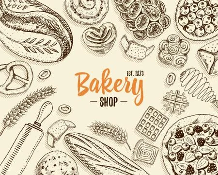Bread and pastry donut long loaf and fruit pie. sweet bun or croissant, muffin Illustrazione stock