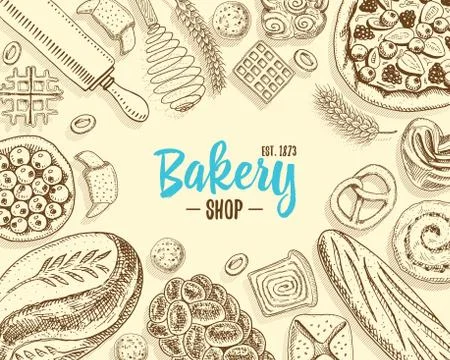 Bread and pastry donut long loaf and fruit pie. sweet bun or croissant, muffin Stock Illustration