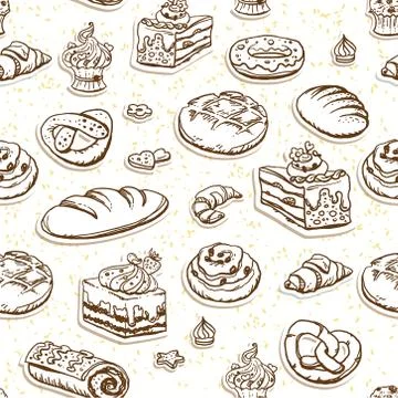 Bread and pastry seamless pattern in brown color 스톡 일러스트