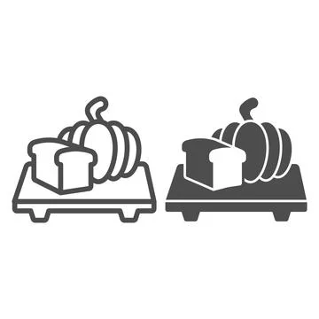 Bread and pumpkin on board line and solid icon, Thanksgiving Day concept Illustrazione stock