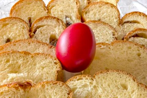 Bread and red chicken egg Stock Photos