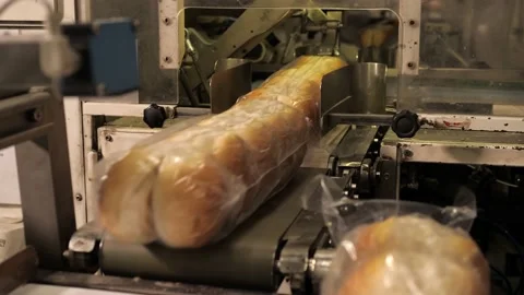 Bread and rolls being packed in plastic bags by machine in a bakery factory Stock Footage 217944639