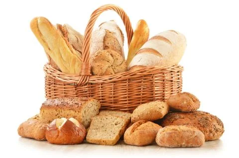 Bread and rolls in wicker basket isolated on white Stock Photos