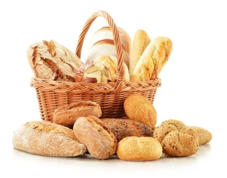 Bread and rolls in wicker basket isolated on white Stock Photos