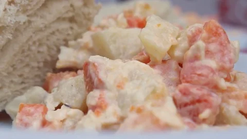 Bread and salad close up Stock Footage 84154954