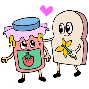 Bread and strawberry jam are friends as a couple in love Stock Illustration