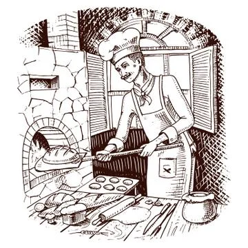 Bread and sweet bun or croissant. culinary boss or chef. hot brick oven Stock Illustration