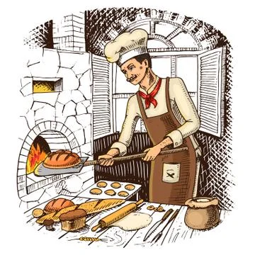 Bread and sweet bun or croissant. culinary boss or chef. hot brick oven Stock Illustration
